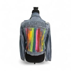 Judith March Womens Small BLONDIE‎ Rainbow Pride Distressed Denim Jean Jacket